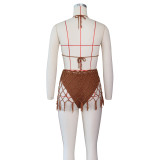 Women Sexy Crochet Beach Cover-up Knitting Swimsuit Two-Piece Set