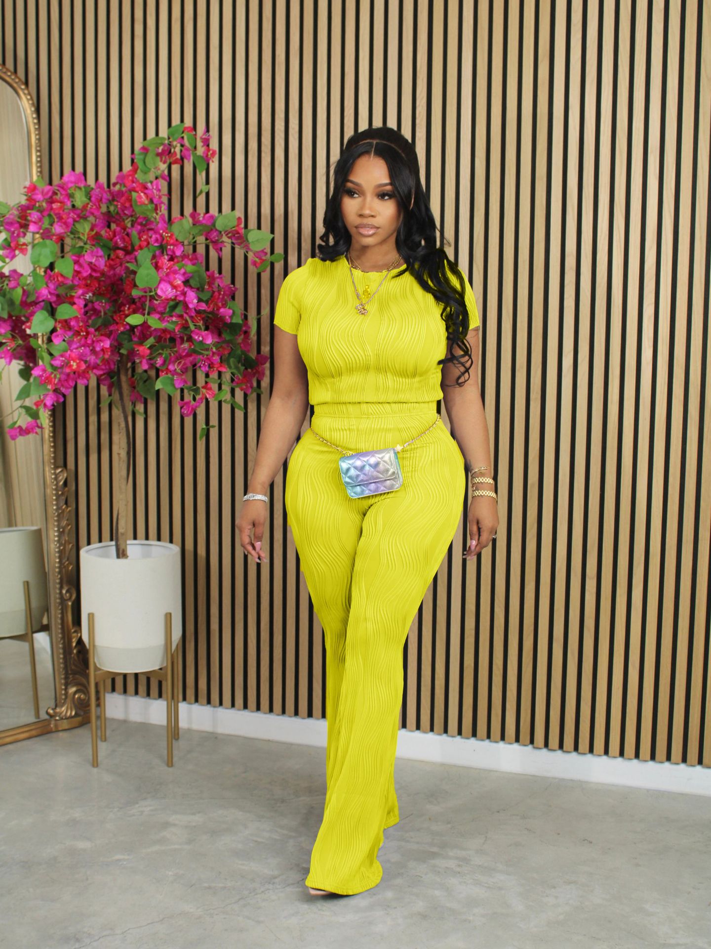 Women Casual Ribbed Summer Short Sleeve Top and Pants Two-Piece Set