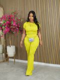 Women Casual Ribbed Summer Short Sleeve Top and Pants Two-Piece Set