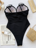 Summer Black Stripe Hollow Lace-Up One-Piece Bikini Swimsuit