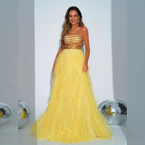 Summer strapless Sequin Mesh A-line Swing Evening Gown