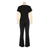 Women Casual Ribbed Summer Short Sleeve Top and Pants Two-Piece Set