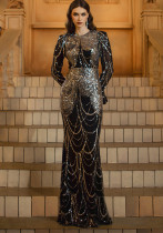 Summer Luxury Long-Sleeve Round Neck Sequin Fishtail Evening Gown Summer Luxury Long-Sleeve Round Neck Sequin Fishtail Evening Gown