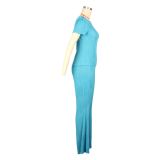 Women Casual Ribbed Summer Short Sleeve Top and Pants Two-Piece Set