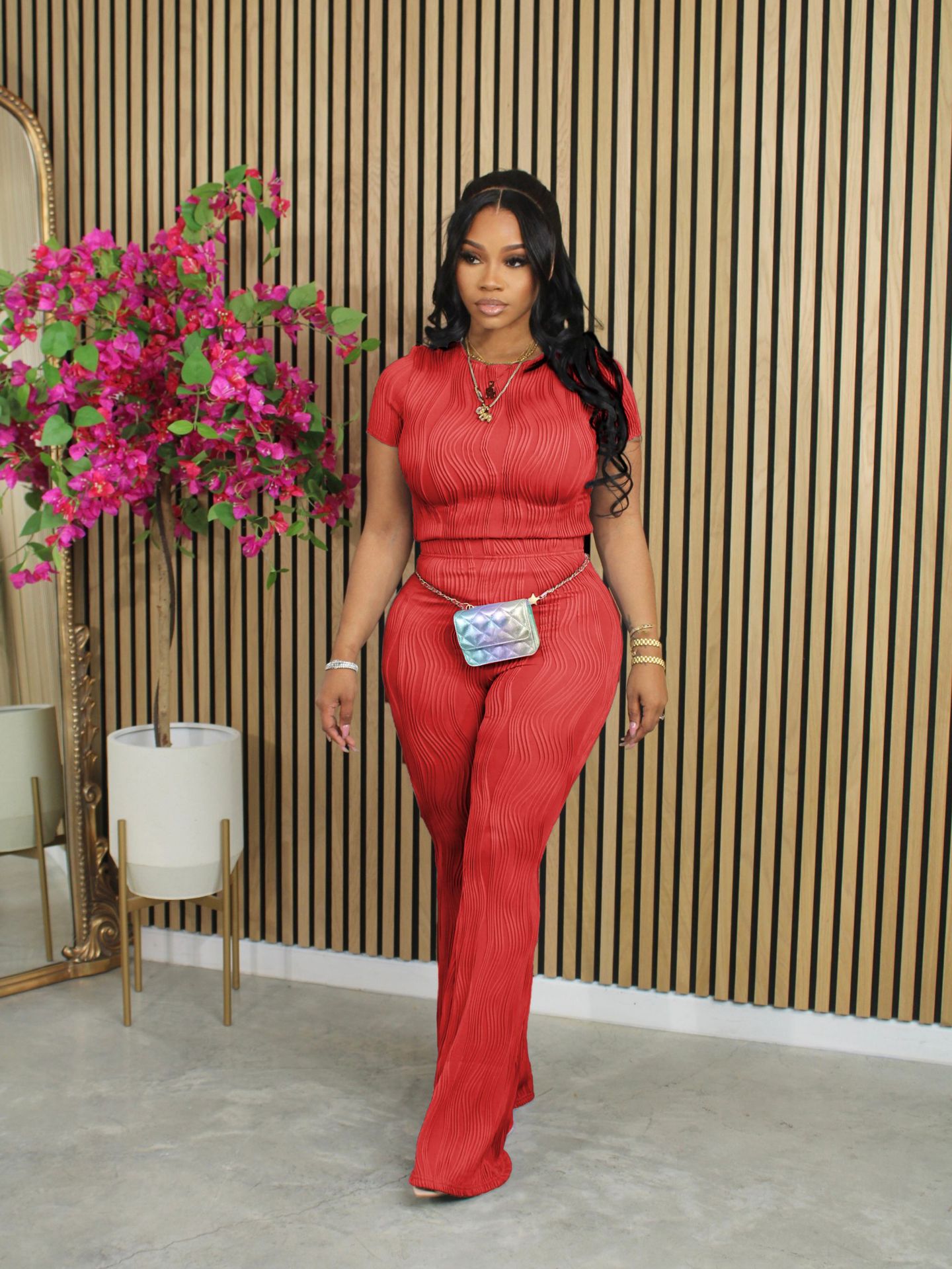 Women Casual Ribbed Summer Short Sleeve Top and Pants Two-Piece Set