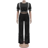 Spring Trendy Wide-Leg Loose Casual Trousers Short Sleeve Crop Top Two-Piece Set