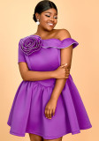 Summer Slash Shoulder Floral Slim Waist Plus Size A-line Party Dress