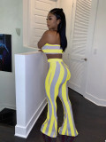 Spring Striped Strapless Crop Top Bell Bottom Pants Set