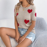 Women Spring and Summer Casual Contrast Heart Print Short Sleeve Knitting Top