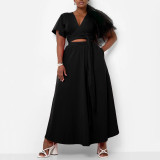 Women African Spring Summer Solid Bell Bottom Sleeve V-Neck Top and Skirt Two-Piece Set