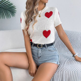 Women Spring and Summer Casual Contrast Heart Print Short Sleeve Knitting Top