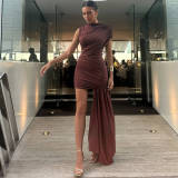 Women Pleated Lace-Up Solid High Neck Bodycon Mini Dress