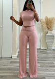 Women Summer Solid Stretch Knot Top and Wide Leg Pants Two-Piece Set