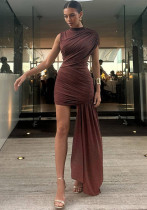 Women Pleated Lace-Up Solid High Neck Bodycon Mini Dress