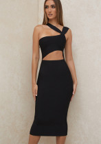 Women Spring One Shoulder Strapless Maxi Solid Party Dress