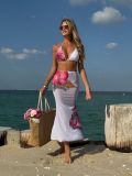 Women Printed Mesh Long Skirt Sexy Bikini Three-Piece