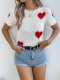 Women Spring and Summer Casual Contrast Heart Print Short Sleeve Knitting Top