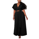 Women African Spring Summer Solid Bell Bottom Sleeve V-Neck Top and Skirt Two-Piece Set