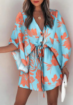 Women Summer Casual V-neck Bat Sleeves Printed Dress