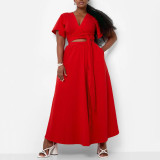 Women African Spring Summer Solid Bell Bottom Sleeve V-Neck Top and Skirt Two-Piece Set