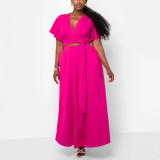 Women African Spring Summer Solid Bell Bottom Sleeve V-Neck Top and Skirt Two-Piece Set