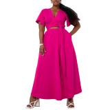 Women African Spring Summer Solid Bell Bottom Sleeve V-Neck Top and Skirt Two-Piece Set