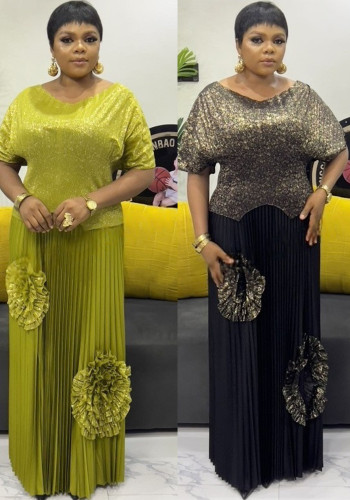 Women Bat Sleeves Pleated Top and Pleated Skirt Two-piece Set