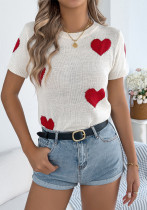 Women Spring and Summer Casual Contrast Heart Print Short Sleeve Knitting Top