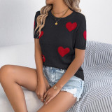Women Spring and Summer Casual Contrast Heart Print Short Sleeve Knitting Top