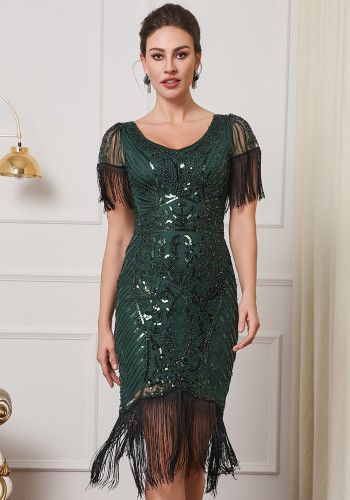 Women Retro Short Sleeve Tassel Sequin Party Sexy Beaded Mesh Dress