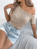 Women Spring and Summer Casual Off-shoulder Hollow Short Sleeve Knitting Top