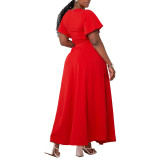 Women African Spring Summer Solid Bell Bottom Sleeve V-Neck Top and Skirt Two-Piece Set