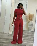 Women Summer Solid Stretch Knot Top and Wide Leg Pants Two-Piece Set