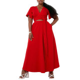 Women African Spring Summer Solid Bell Bottom Sleeve V-Neck Top and Skirt Two-Piece Set