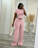 Women Summer Solid Stretch Knot Top and Wide Leg Pants Two-Piece Set