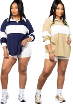 Women's Contrast Color Long Sleeve Polo Shirt Spring Summer Turndown Collar Solid Color Shorts Set Women's Contrast Color Long Sleeve Polo Shirt Spring Summer Turndown Collar Solid Color Shorts Set