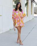 Women Summer Casual V-neck Bat Sleeves Printed Dress