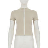 Slim Sports Basic Stand Collar Short Sleeve t-shirt Sports Casual Zipper Top