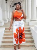 Plus Size Spring/Summer Printed One Shoulder Crop Top Wide Leg Pants Two Piece Set