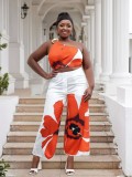 Plus Size Spring/Summer Printed One Shoulder Crop Top Wide Leg Pants Two Piece Set