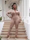 Plus Size Fashion Women Denim Washed Sexy Deep V Tight Fitting Long Sleeve Jumpsuit