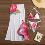 Women Printed Mesh Long Skirt Sexy Bikini Three-Piece