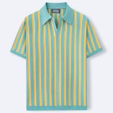 Men's Summer Turndown Collar Chic Striped Knitting polo Shirt Short Sleeve Tops