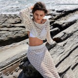 Beach Women Solid Color Knitting Beach Cover Up Sun Protection Two Piece Skirt Set