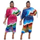 Plus Size Off Shoulder Printed Bat Sleeves Top Split Long Skirt Two Piece Set