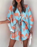 Women Summer Casual V-neck Bat Sleeves Printed Dress