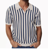 Men's Summer Turndown Collar Chic Striped Knitting polo Shirt Short Sleeve Tops