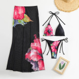 Women Printed Mesh Long Skirt Sexy Bikini Three-Piece