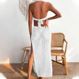 Summer Women Solid Color Sexy Knitting Hollow Out Beach  Cover Up Sun Protection Dress