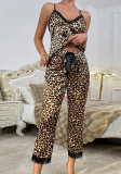 Sexy Leopard Printed Pajama Set Lace Satin Camisole Trousers Homewear